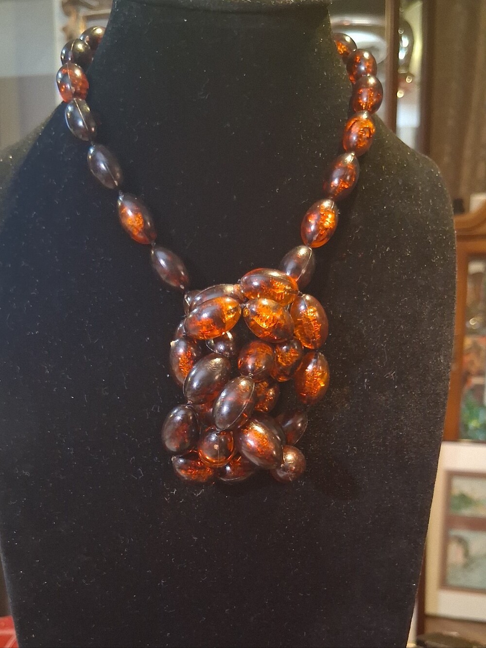 Vnt Style Faux Amber Bead Necklace 28” Cognac Brown Statement Jewelry Jb0915